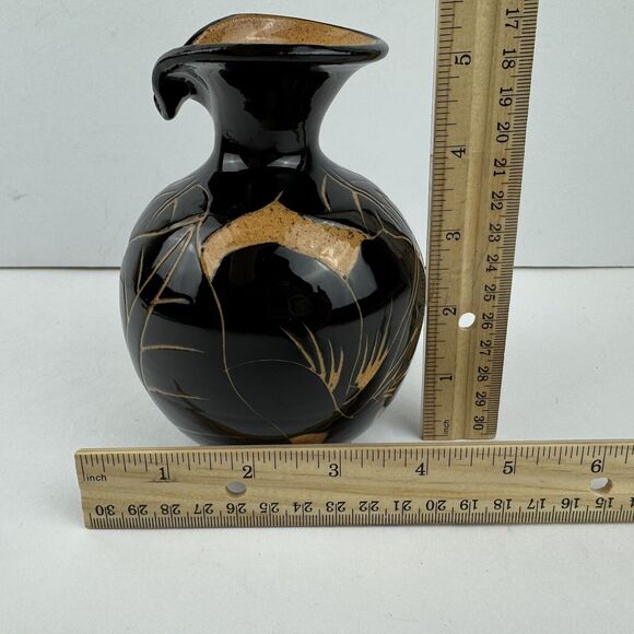 Jamaica Frazer Ceramics Small Round Vase Signed Black Leaf Tulip Style Mouth - Picture 8 of 8
